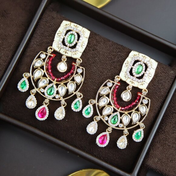Regal Multicolor Kundan Chandbali Brass Earrings, JP02 - Picture 1 of 10